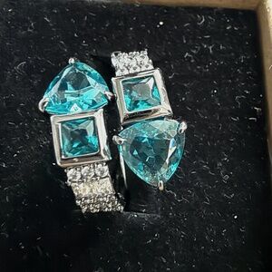 Silver-Tone Teal Crystal Trillion & Square Ring - Women Jewelry